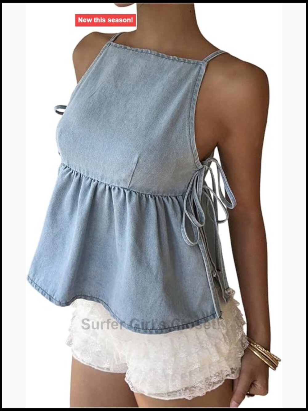 Y2K Sleeveless Denim Tank Top Side Tie Peplum Babydoll Cami